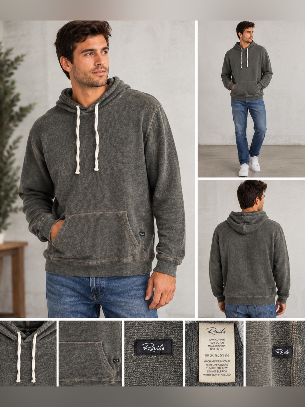 Rails Grey Hoodie with White Drawcords